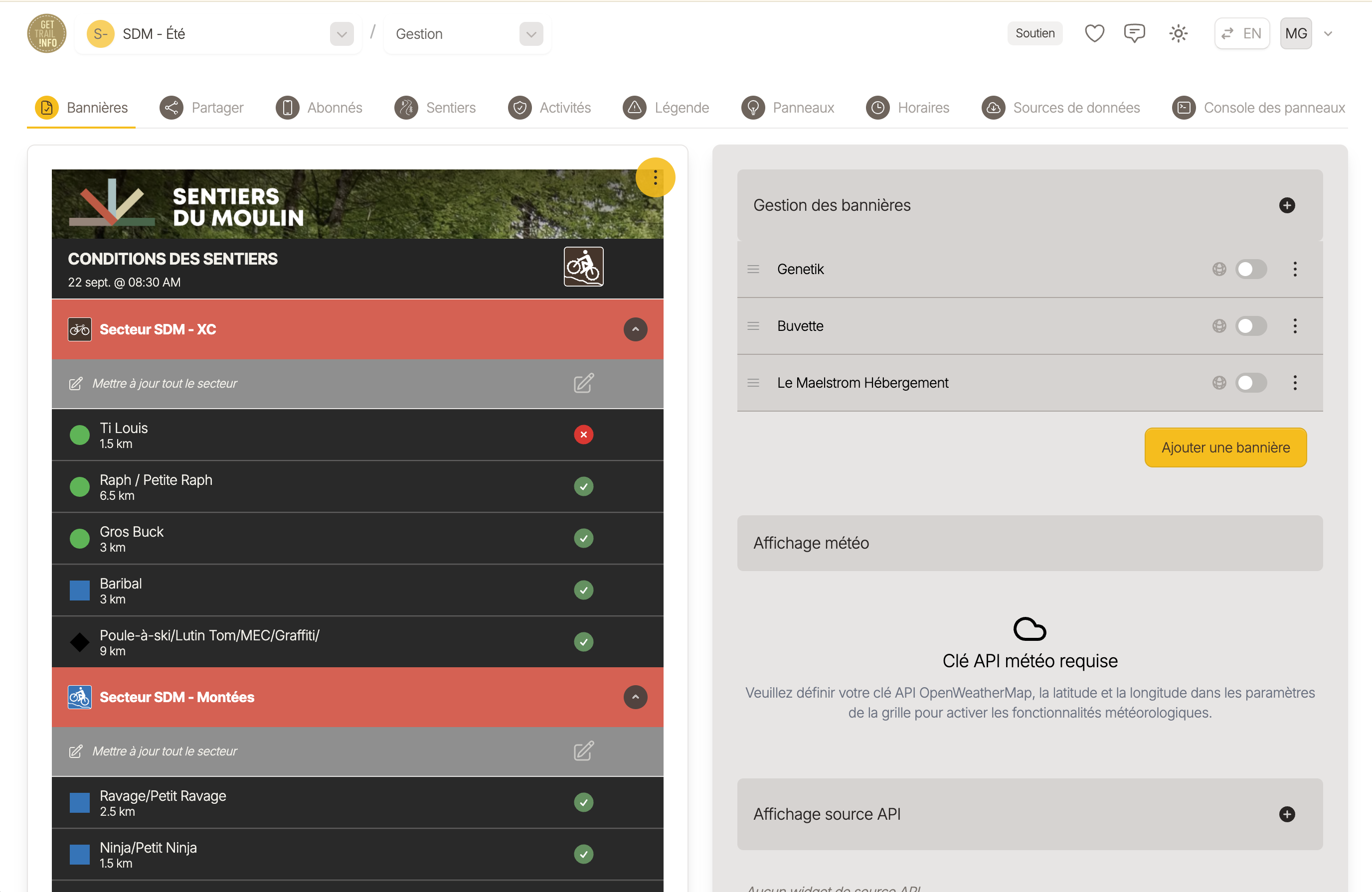 GetTrail administration for Sentiers du Moulin, showing its branded trail grid, trail statuses and banner controls.