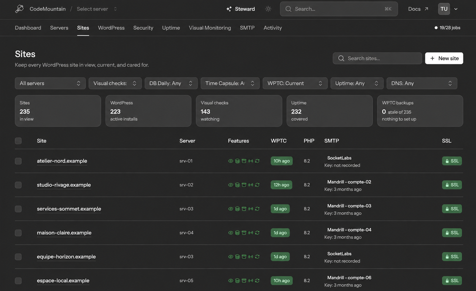 La vue Sites de WP Hammer avec les indicateurs de surveillance, de sauvegarde et d’état des sites. Les domaines des clients et les noms des comptes sont fictifs.