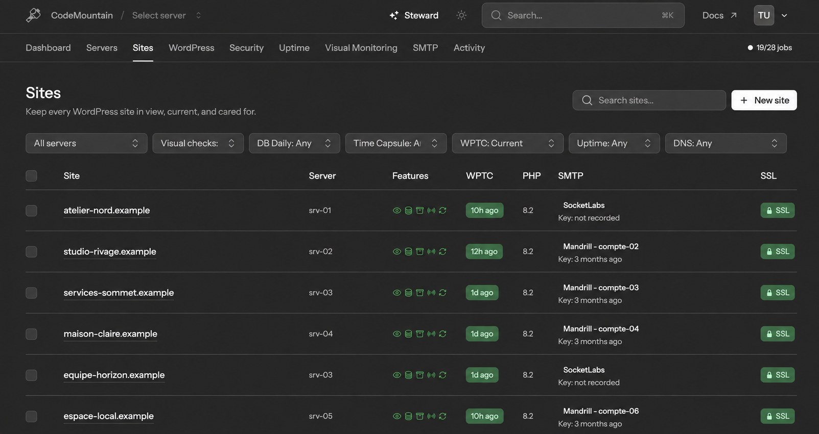 Vue Sites de WP Hammer : un tableau de sites web avec l’âge des sauvegardes et l’état de sécurité, serveur par serveur.