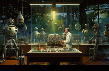 historical fantasy sci-fi, art deco mad scientist laboratory working with old Apple Macintosh 128k, robots, droids, strange machines, art deco style drawn by Michael Whelan --ar 16:9