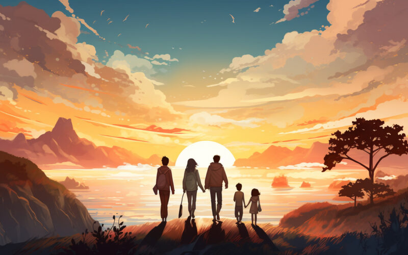 2 kids, one teenager, an adult and an elderly person standing side by side holding hands::2. digital landscape::1 illustration in the style of Atey Ghailan and Mary Blair --ar 16:9