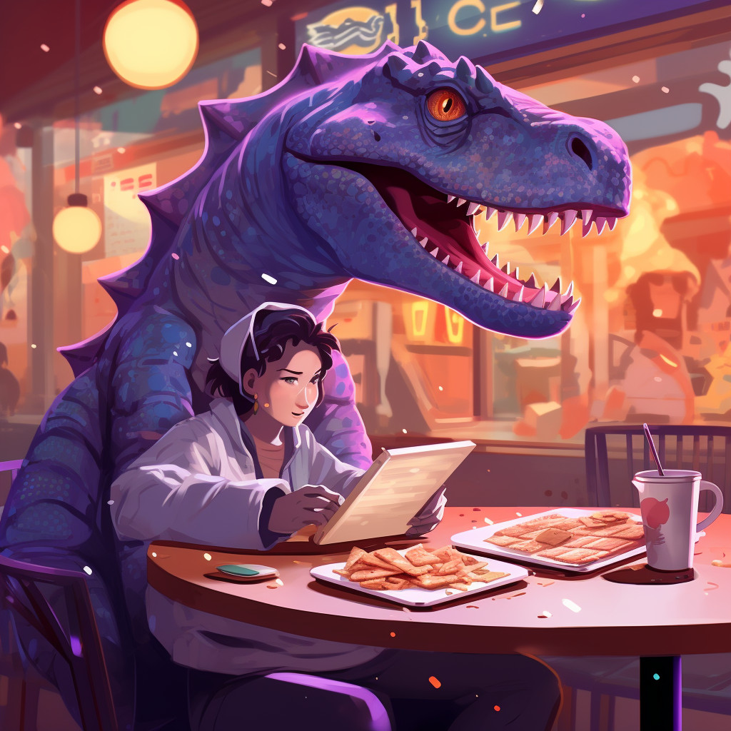 Draw me a purple dinosaur eating pizza drawn digital landscape illustration in the style of Atey Ghailan and Mary Blair::2 –ar 1:1
