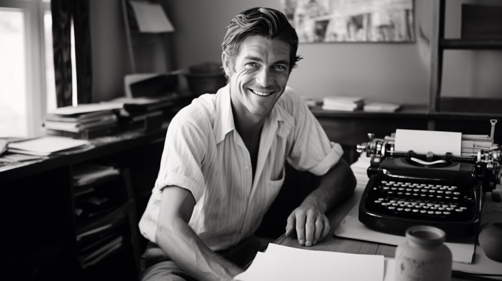 attractive male author very happy and smiling sitting at his desk with typewriter having a eureka moment overcome with joy and happiness , scene is set in a 1970s ,daylight, vibrant colors, by William Eggleston --ar 16:9 