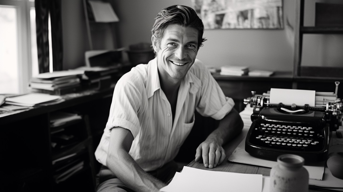 attractive male author very happy and smiling sitting at his desk with typewriter having a eureka moment overcome with joy and happiness , scene is set in a 1970s ,daylight, vibrant colors, by William Eggleston --ar 16:9