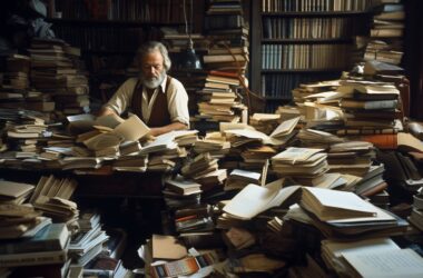 book editor in the 1970s reading a book, sitting at his desk, piles og books around him, hemingway, photography, very realistic, documentory style, by Jimmy Nelson --ar 16:9