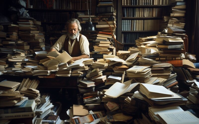 book editor in the 1970s reading a book, sitting at his desk, piles og books around him, hemingway, photography, very realistic, documentory style, by Jimmy Nelson --ar 16:9