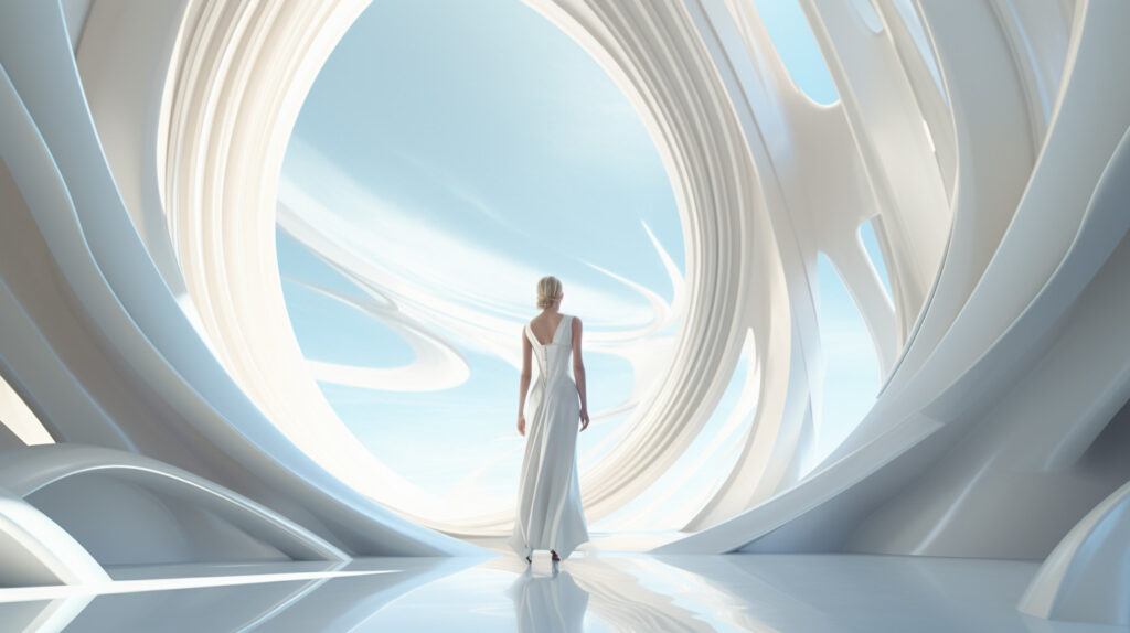 film still, action scene, An attractive woman walking through a large white door that is filled with light, amanda sage, smooth curves, wide shot, in the style of futuristic landscapes, daz3d, background future factory, Phenomenalism style, commercial photography, Incredibly spectacular, Futurism, Science fiction, dramatic colors, realistic professional color grading, vray tracing, Biomimicry, Cybernetic Organism, struggle and realism, photos that feel real, unfiltered and raw, high resolution --ar 16:9 --q 5 --style raw