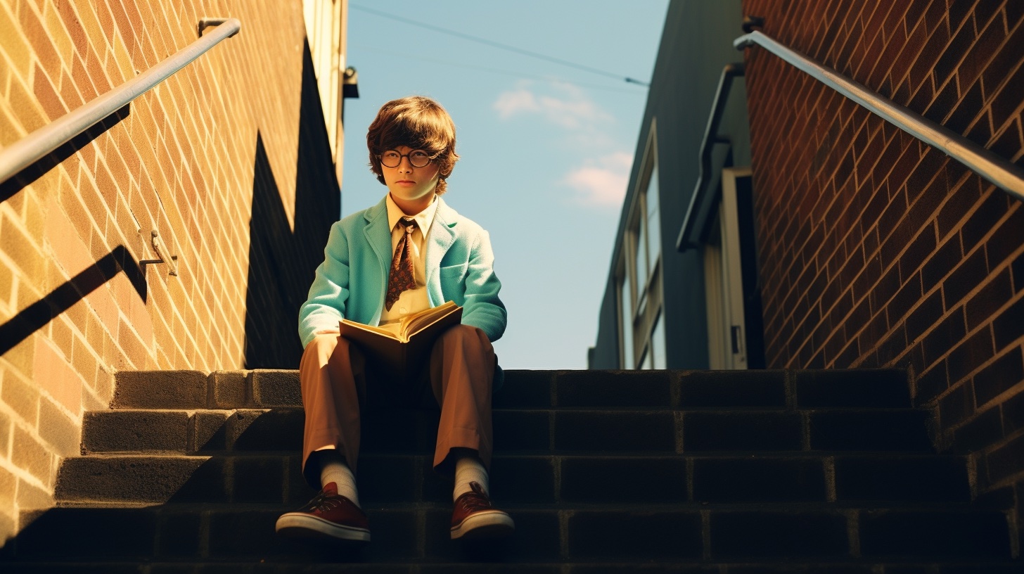 harry potter inspired scene with a young wizard sitting on old stairs ,scene is set in a 1970s ,daylight, by William Eggleston --ar 16:9 -