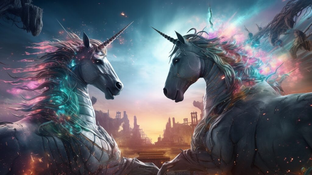 two unicorns with unicorn horn battling in a sci-fi futuristic dreamland I the style of the movie matrix cinematic style --ar 16:9