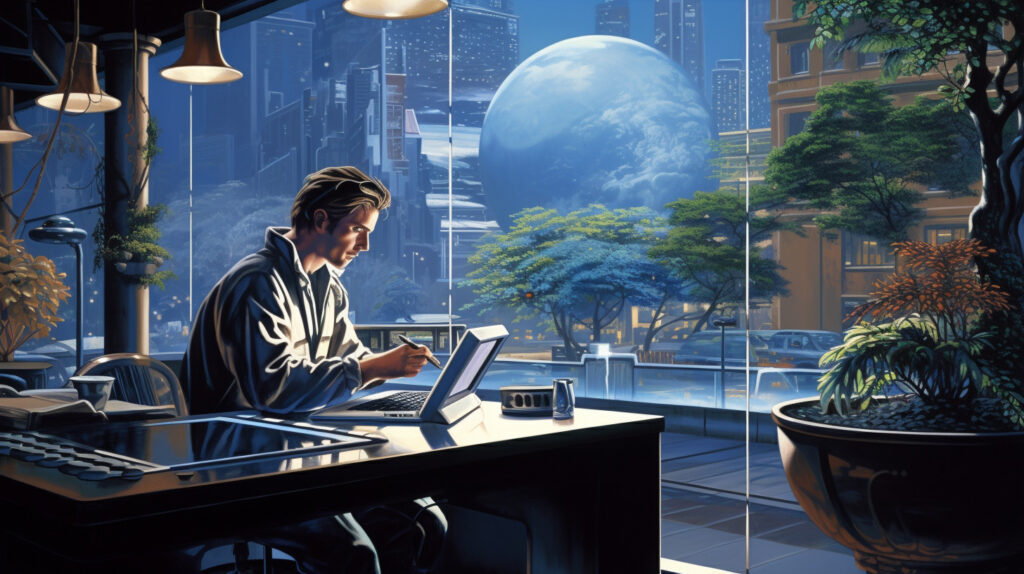 historical fantasy sci-fi, art deco office, attractive man working in a trendy café on laptop amazed at the screen, daylight, wide-eyes, art deco style drawn by Michael Whelan --ar 16:9 