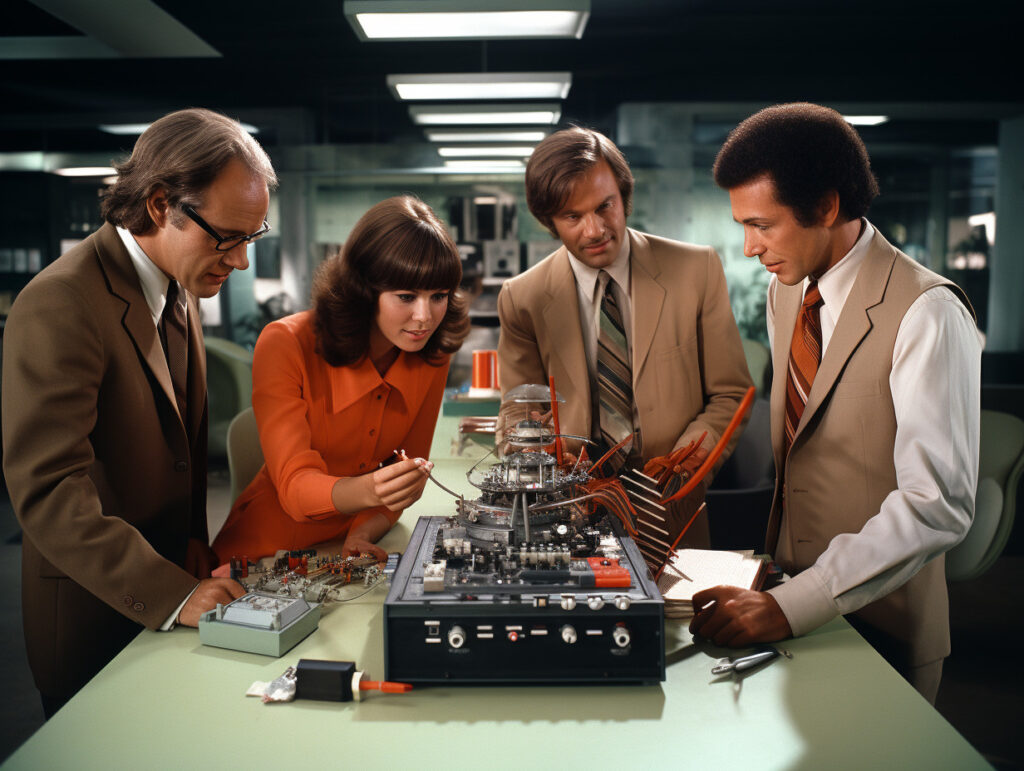 small team of young and attractive scientists happy and smiling standing around a table with a huge pile of sci-fi technology devices on it, asking each other questions. scene is set in a 1970s office space, daylight, by William Eggleston --ar 4:3 