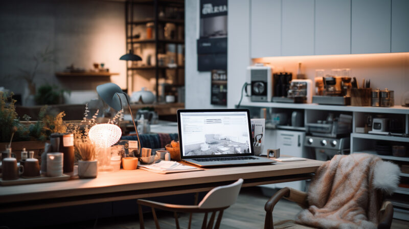 Unleashing the Potential of AI for small business owner. The surroundings should reflect elements of their business, such as products, paperwork, and tools. cozy atmosphere and lighting, Sigma lens at f1.2 --ar 16:9