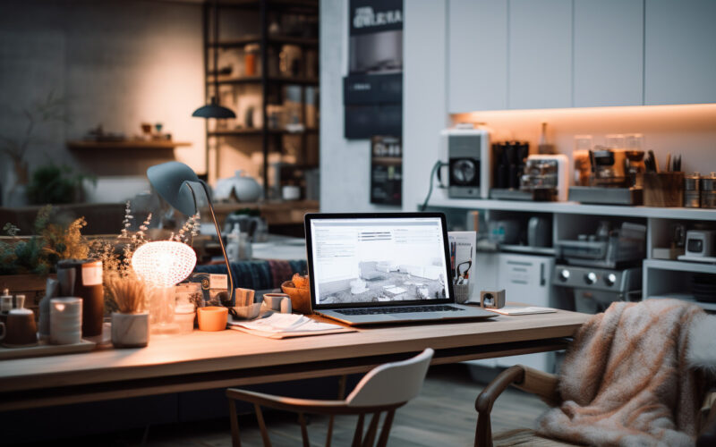 Unleashing the Potential of AI for small business owner. The surroundings should reflect elements of their business, such as products, paperwork, and tools. cozy atmosphere and lighting, Sigma lens at f1.2 --ar 16:9