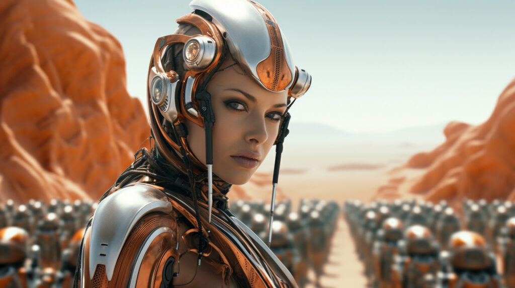 film still, action scene, An attractive woman collaborating a bunch of futuristic robots, realistic human figures, amanda sage, smooth curves, wide shot, in the style of futuristic landscapes, daz3d, background future factory, Phenomenalism style, commercial photography, Incredibly spectacular, Futurism, Science fiction, dramatic colors, realistic professional color grading, vray tracing, Biomimicry, Cybernetic Organism, struggle and realism, photos that feel real, unfiltered and raw, high resolution --ar 16:9 --q 5 --style raw