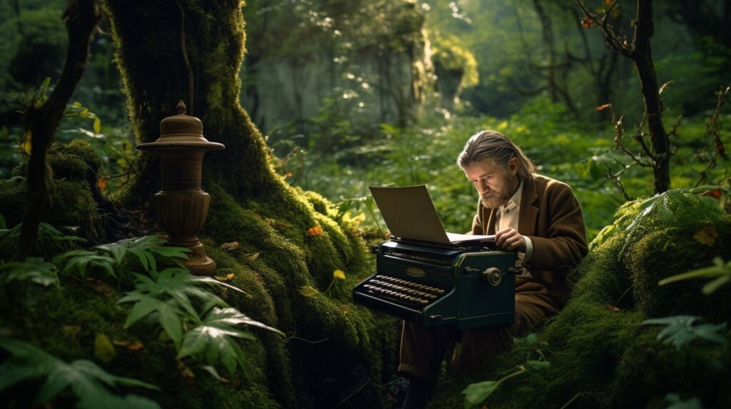 ai prompt: bilbo the hobbit sitting on a tree stump with a typewriter on his lap in a green forest as in the lord of the rings, vivid colors, wide shot, by jrr tolkien --style raw --ar 16:9