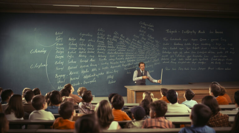 famous philosophy teacher speaking to a large group of students in a grand auditorium in the 1970s , large blackboard behind him with formulas and timelines, photography, very realistic, documentary style, by Jimmy Nelson --ar 16:9