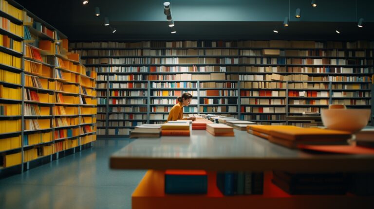 pensive attractive female client in a modern library writing notes on a notepad, infinite rows of bookshelves around and behind, side view, minimalist, modern, vivid colors, wide shot, by William Eggleston --style raw --ar 16:9
