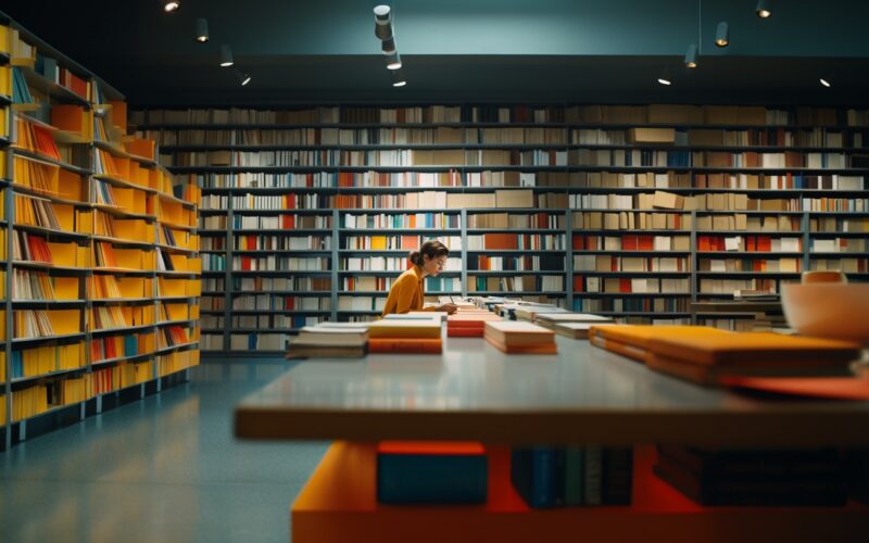 pensive attractive female client in a modern library writing notes on a notepad, infinite rows of bookshelves around and behind, side view, minimalist, modern, vivid colors, wide shot, by William Eggleston --style raw --ar 16:9